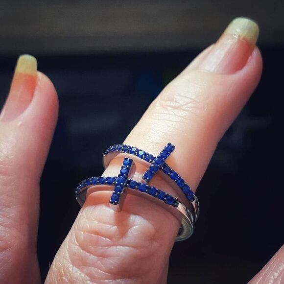 Blue Sapphire Cz Sterling Silver Sideways Cross Ring Size 7 - Picture 7 of 14
